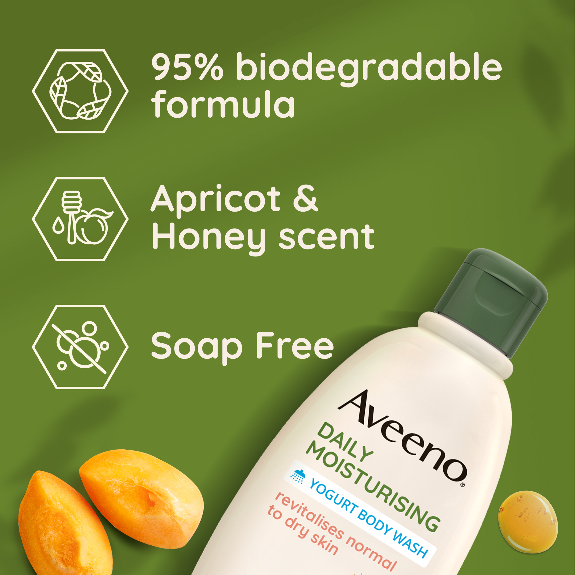 95% biodegradable formula, apricot & honey scent soap free